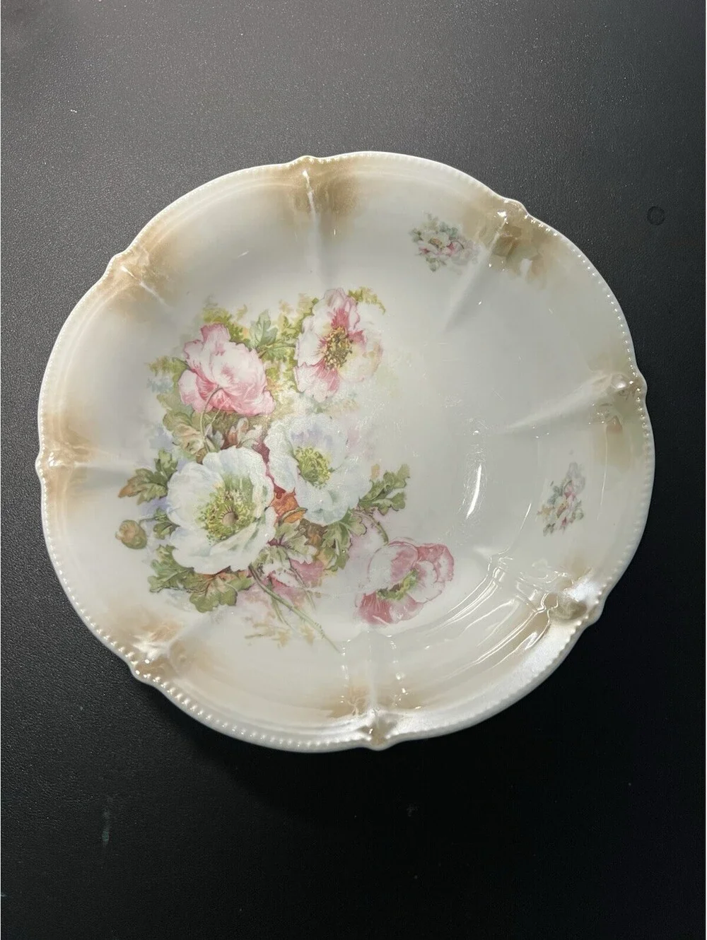 German Antique 1910s Poppy Floral Porcelain Scalloped Bowl, 9x2.5”